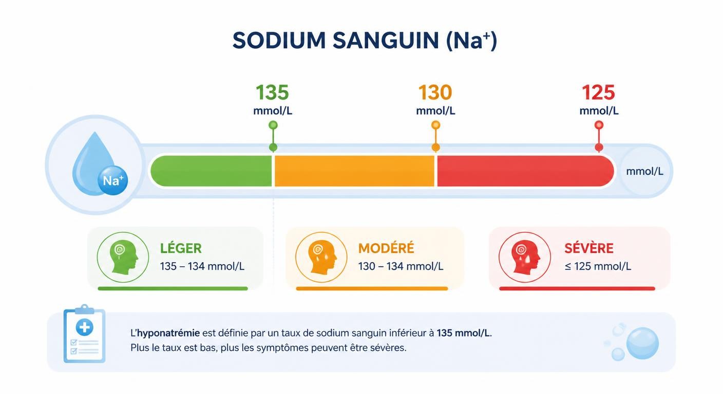 Seuils de sodium sanguin et niveaux de gravité de l'hyponatrémie chez le sportif