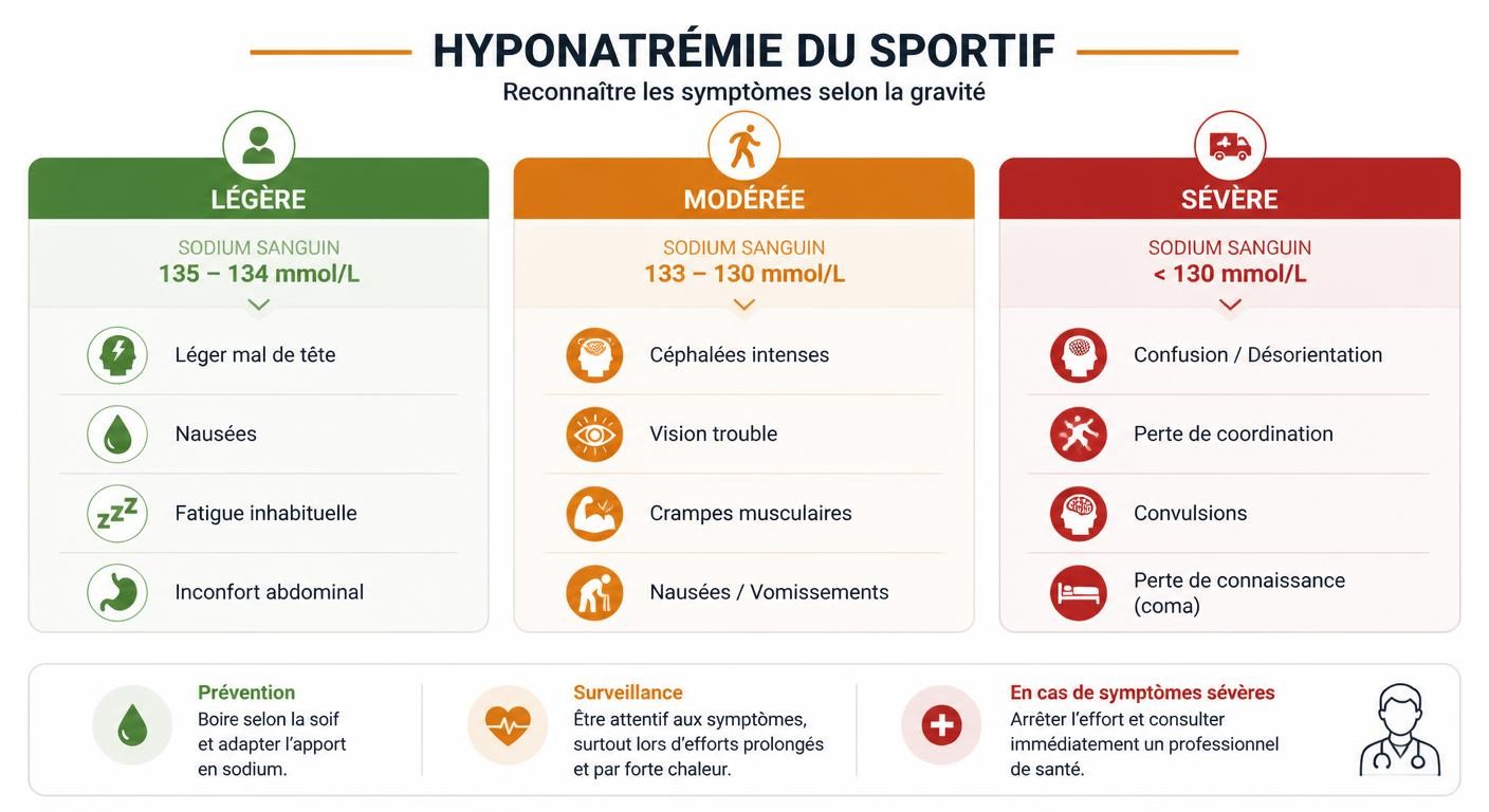 Infographie des trois stades de symptômes de l'hyponatrémie du sportif