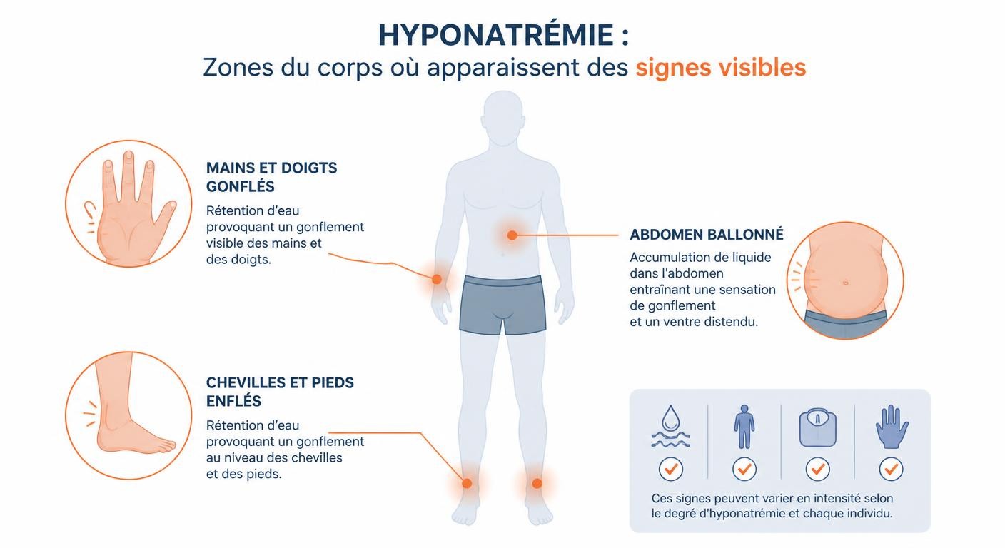 Zones du corps où apparaissent les signes visibles d'hyponatrémie chez le sportif