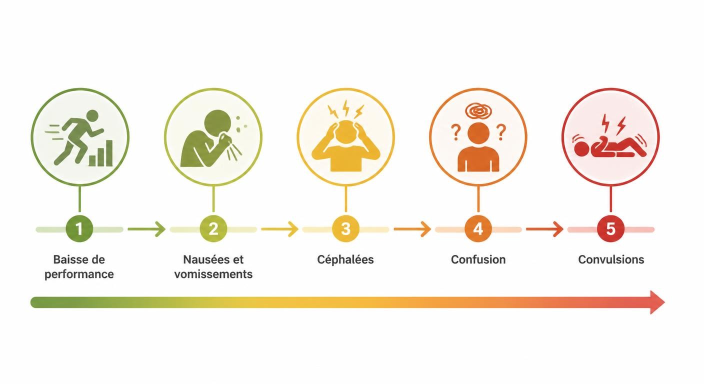 Chronologie et séquence d'apparition des symptômes de l'hyponatrémie d'effort selon Noakes