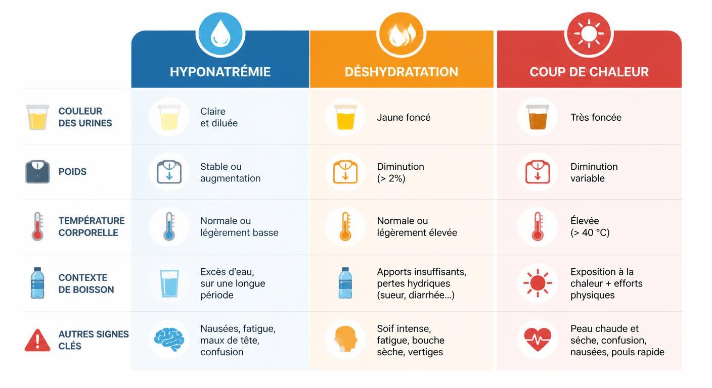 Infographie comparant les symptômes de l'hyponatrémie, de la déshydratation et du coup de chaleur
