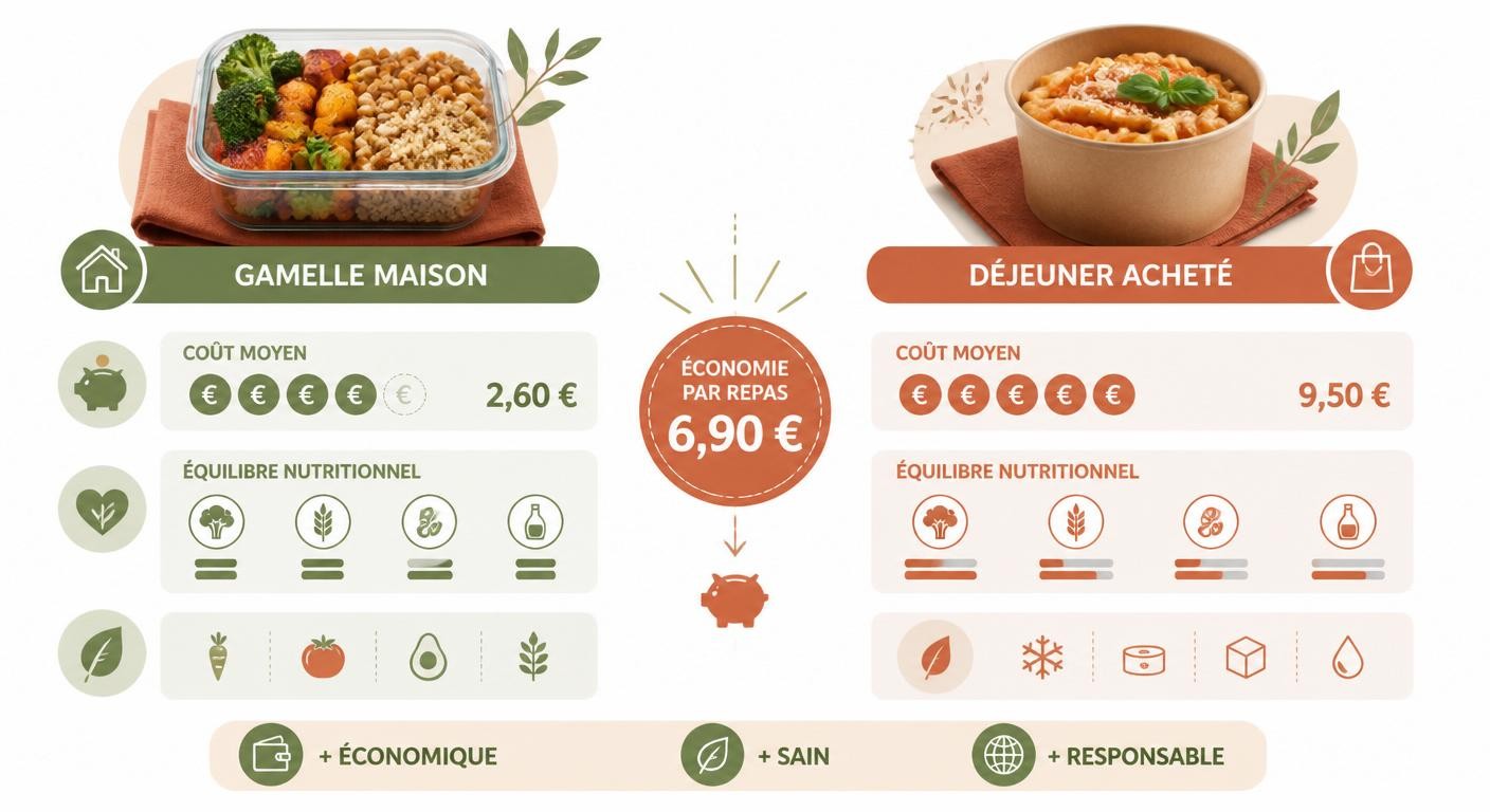 Infographie comparant le coût et l'équilibre d'une gamelle maison et d'un déjeuner acheté