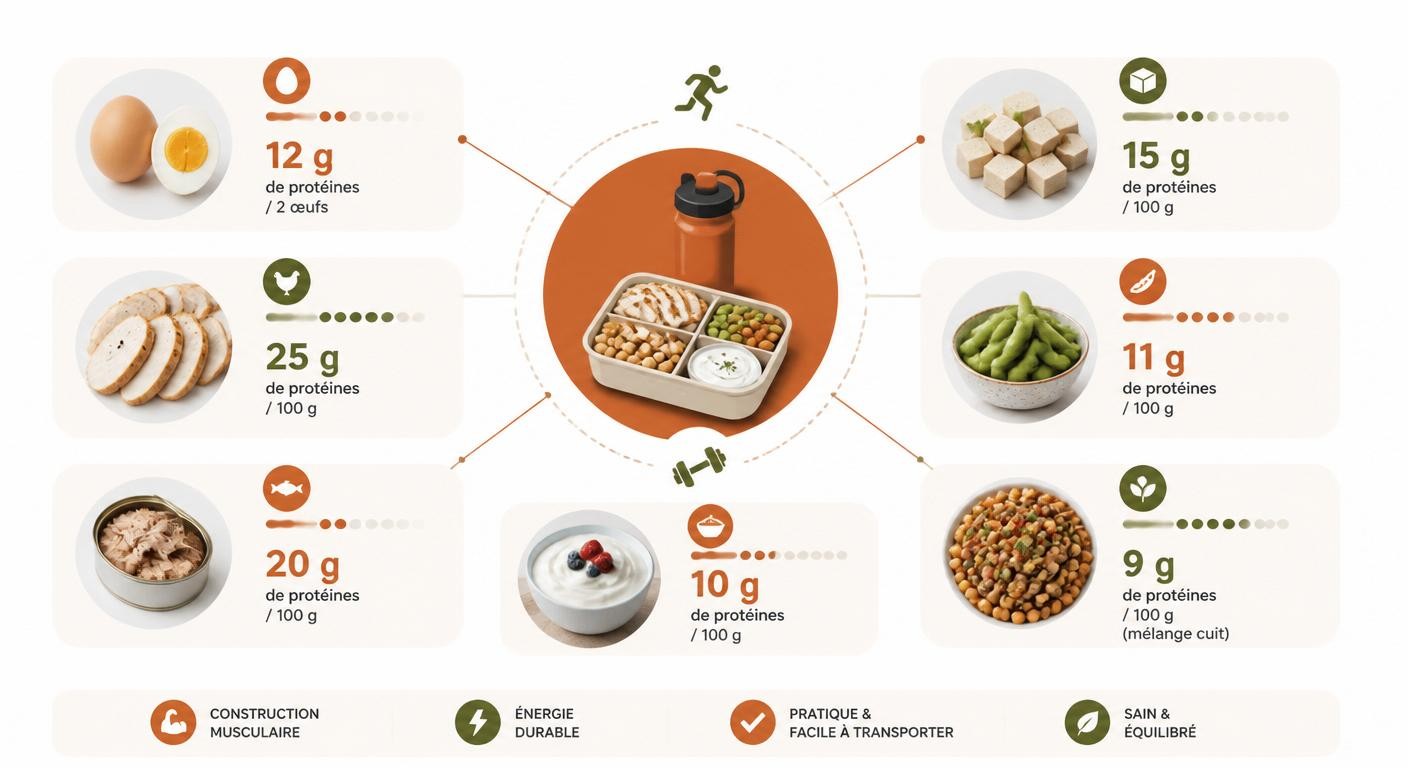 Infographie des sources de protéines transportables à froid pour la lunch box sportive au bureau