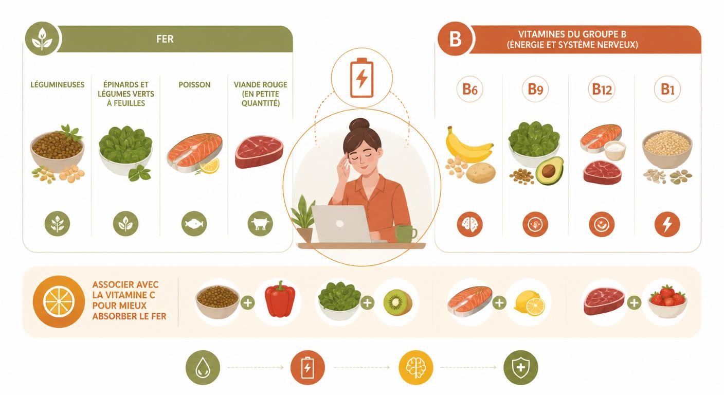 Infographie des aliments riches en fer et vitamines B contre la fatigue au bureau