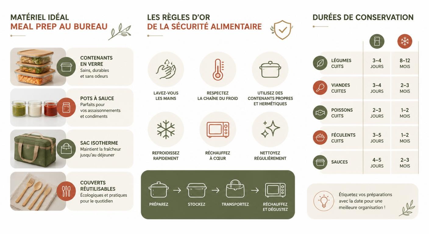 Infographie du matériel et des règles de conservation des gamelles pour le bureau