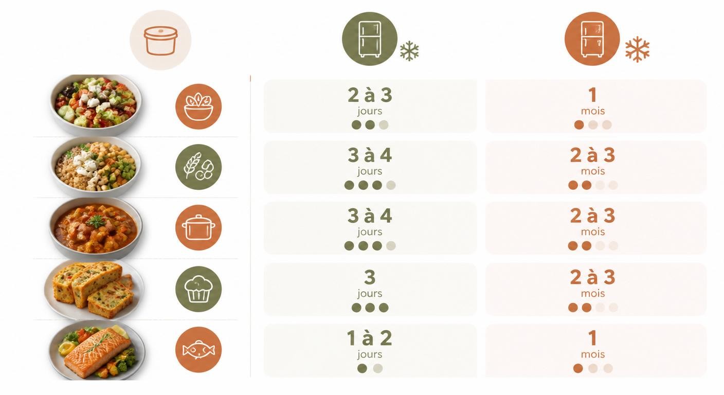 Infographie de la frise des durées de conservation des gamelles au réfrigérateur et au congélateur