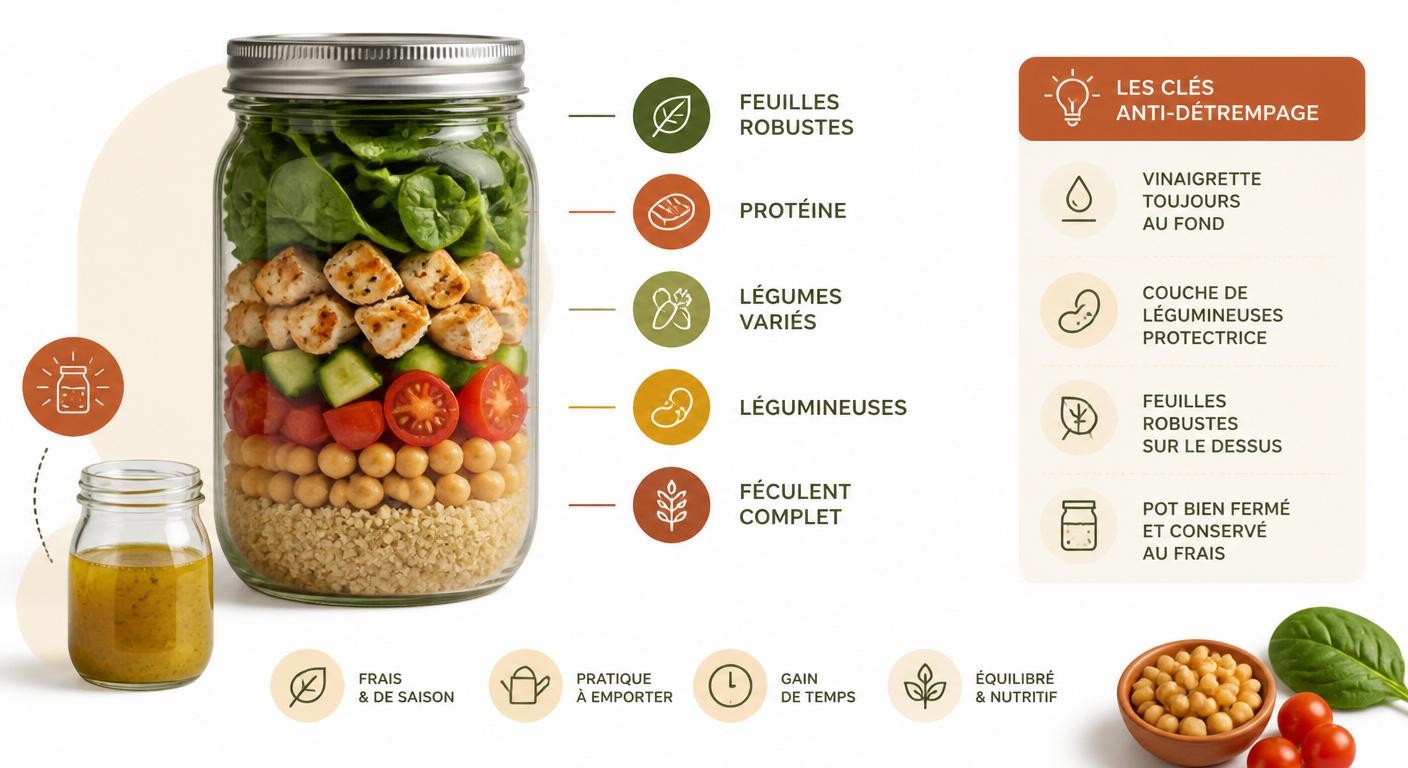 Infographie de l'assemblage d'une salade complète rassasiante pour le bureau