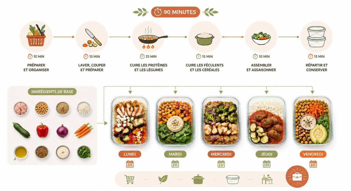 Infographie d'un planning de batch cooking pour cinq déjeuners de la semaine au bureau