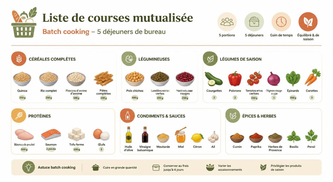 Infographie de la liste de courses mutualisée pour le batch cooking de cinq déjeuners de la semaine