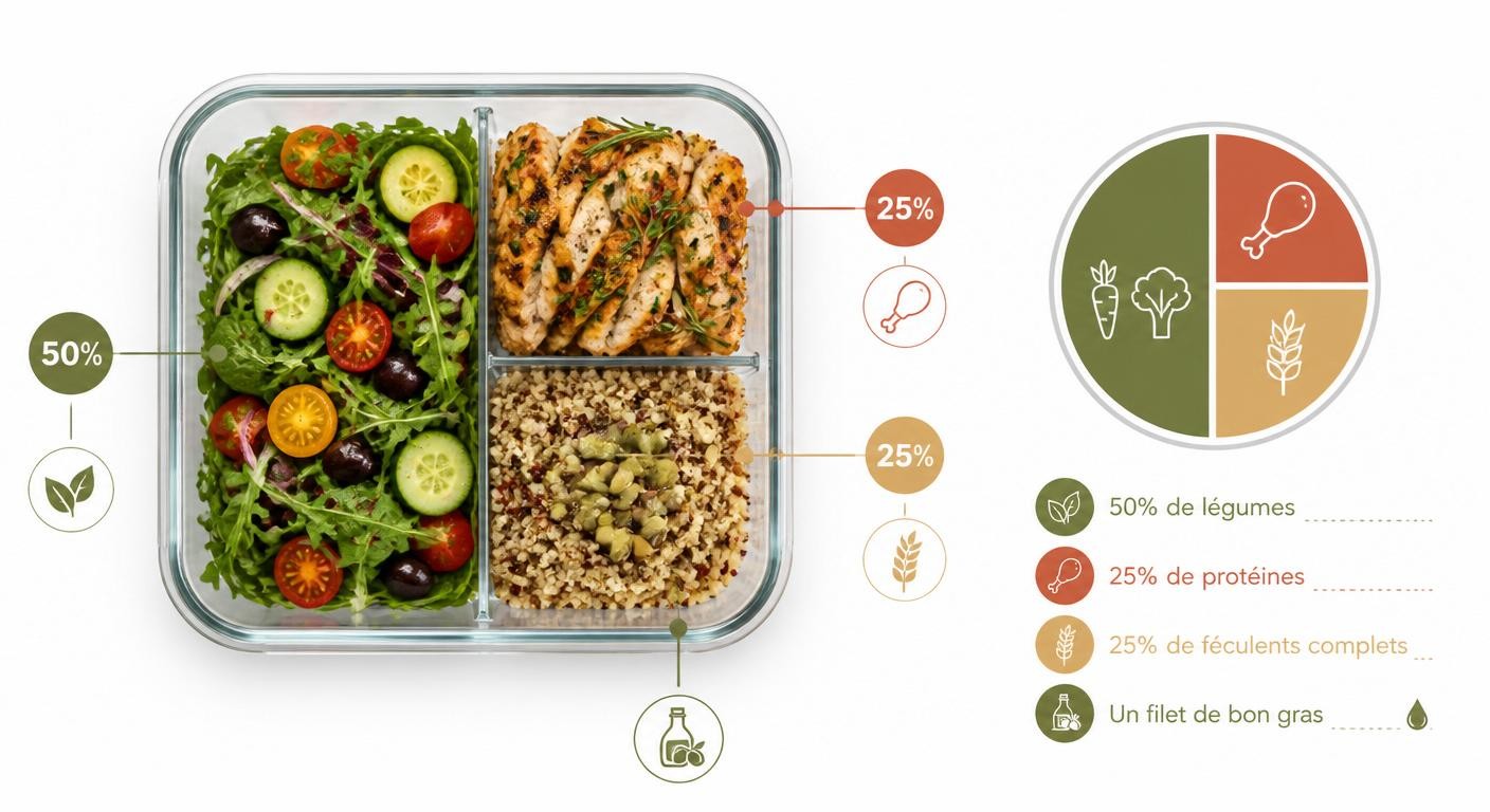 Infographie de la méthode de l'assiette équilibrée appliquée à la lunch box