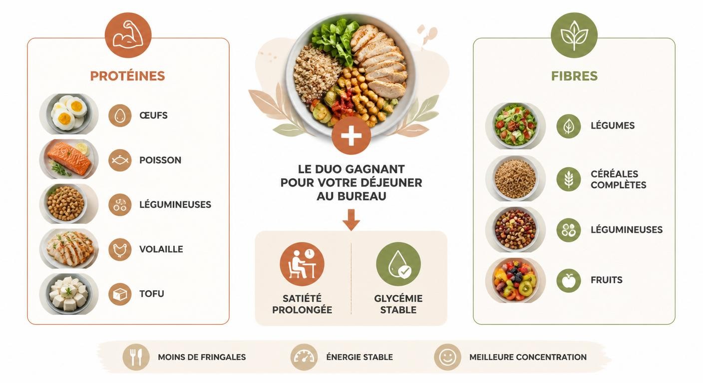 Infographie du duo protéines et fibres anti-fringale pour la lunch box de bureau