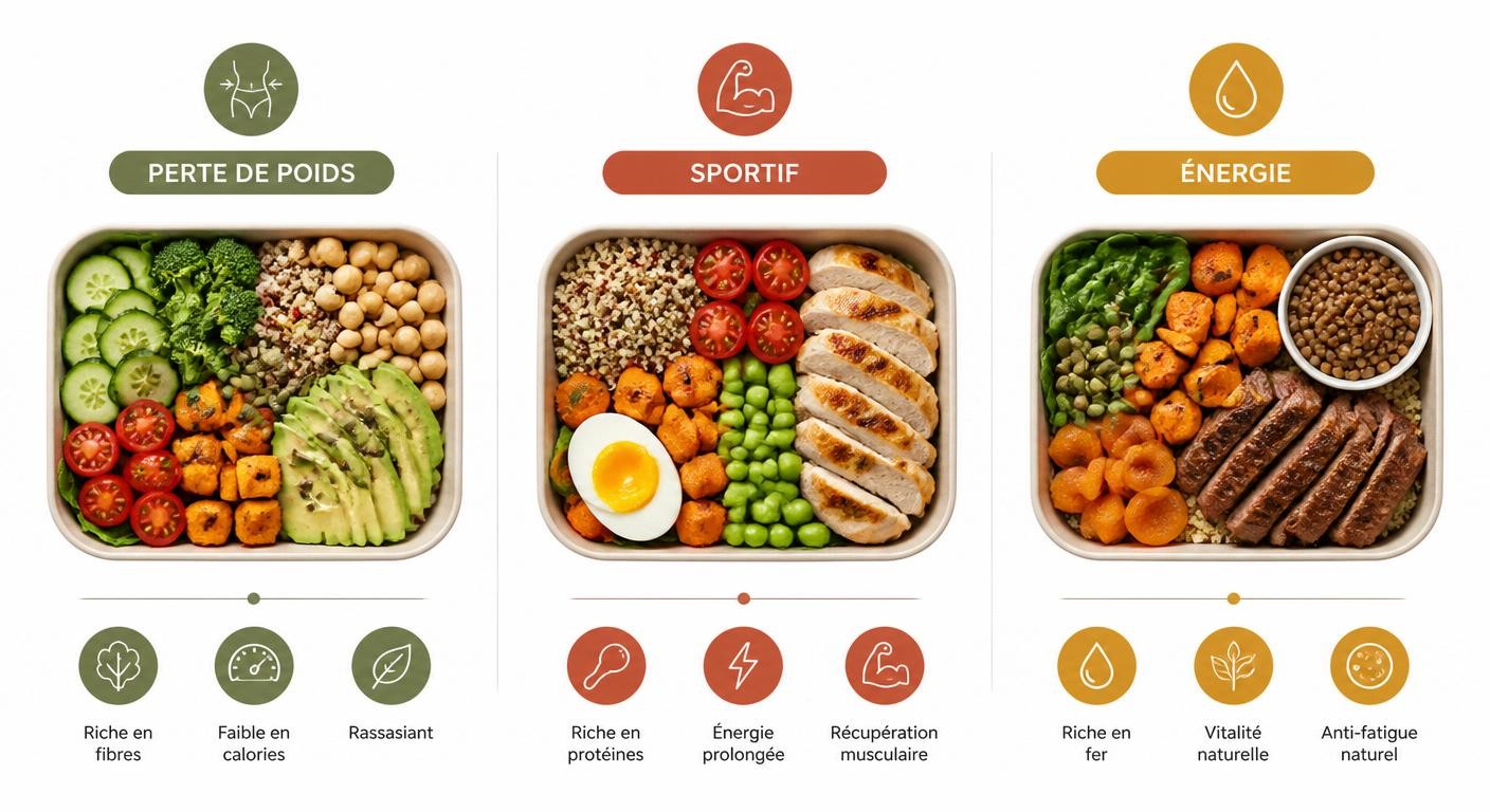 Infographie de trois lunch box selon l'objectif : perte de poids, performance, vitalité