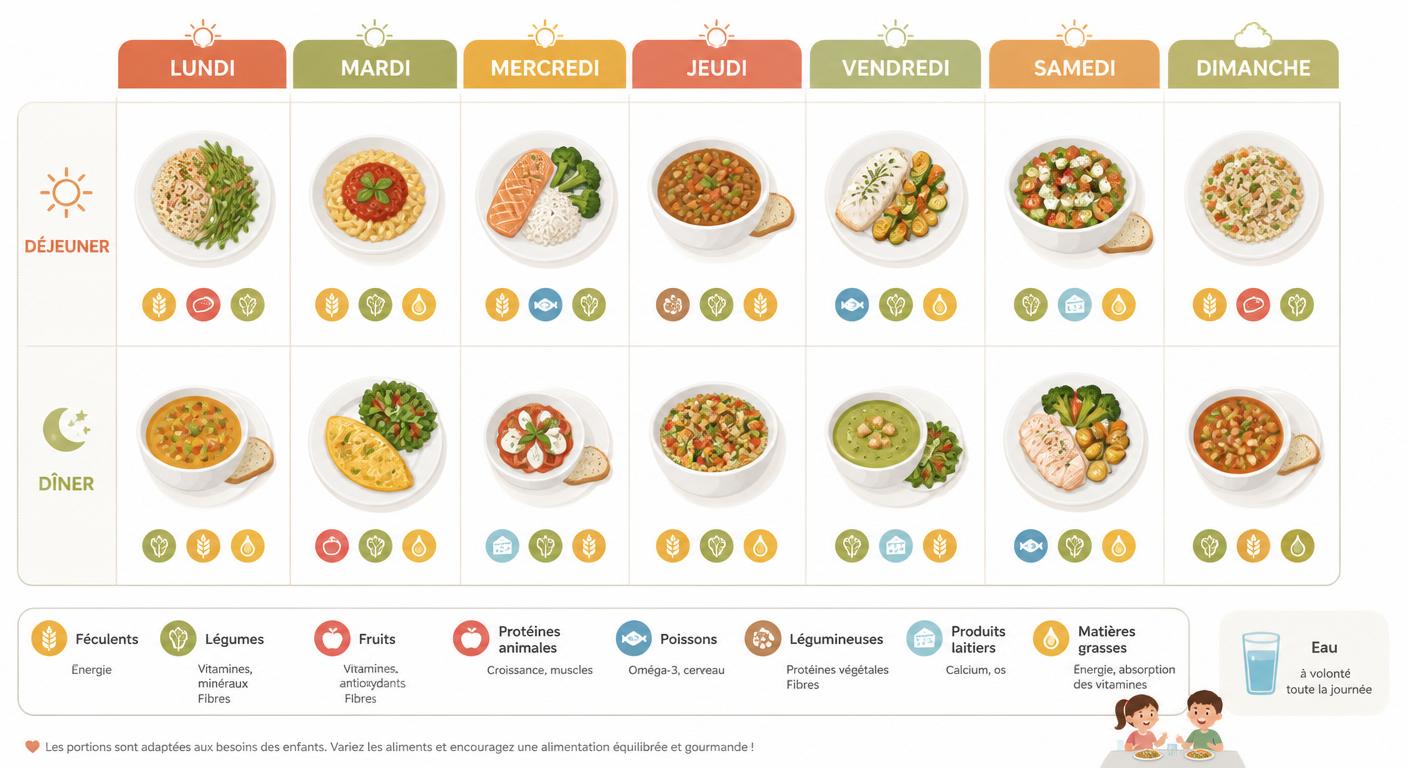 Planning hebdomadaire visuel de repas équilibrés pour enfants