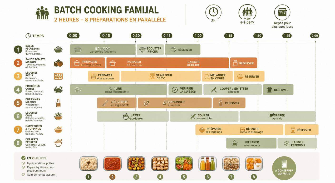 Planning visuel de batch cooking familial sur 2 heures