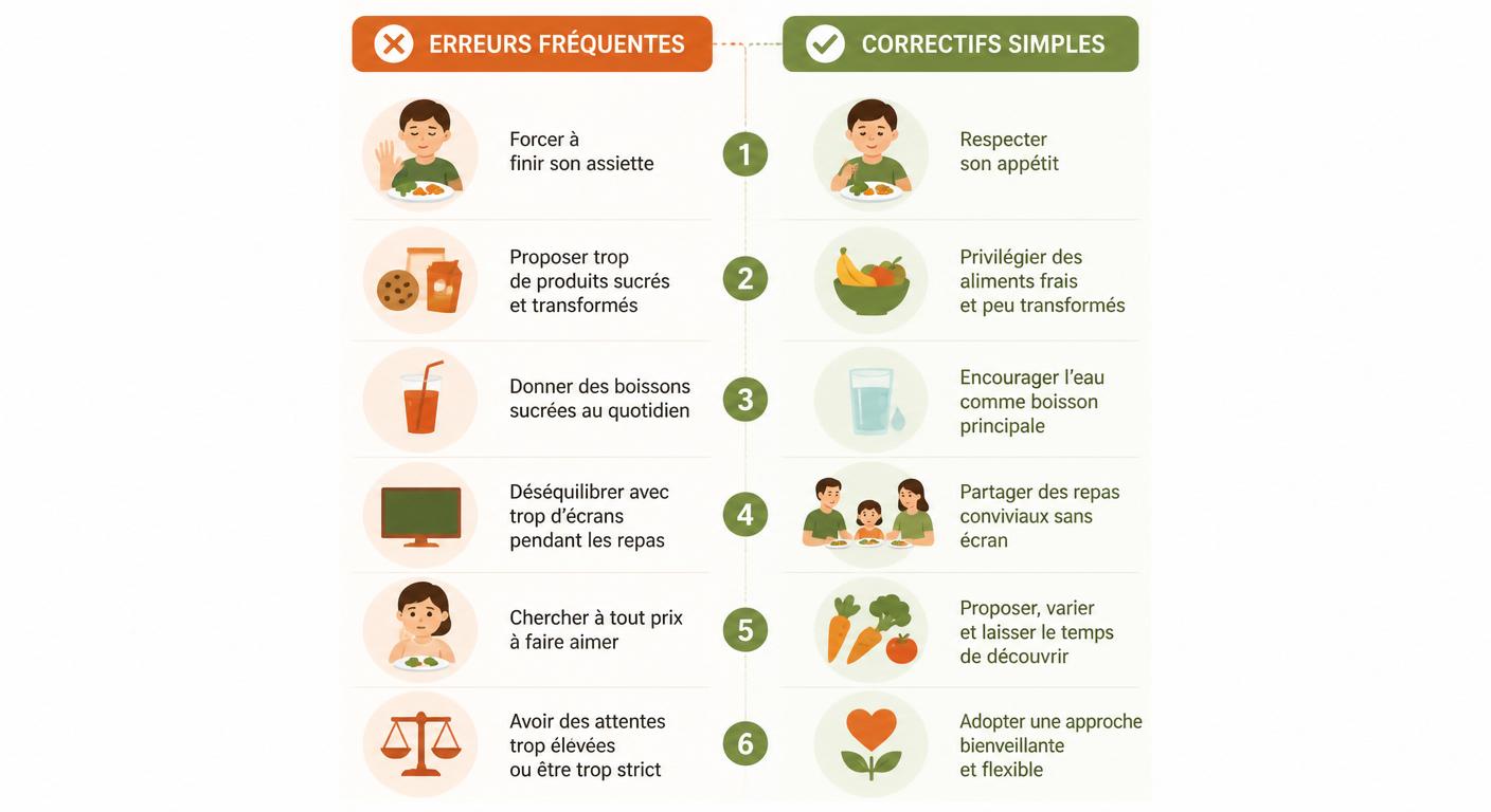 Visuel des 6 erreurs fréquentes dans l'alimentation des enfants et leurs correctifs