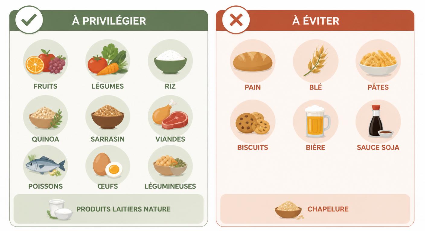 Infographie comparative des aliments à privilégier et à éviter en cas d'intolérance au gluten