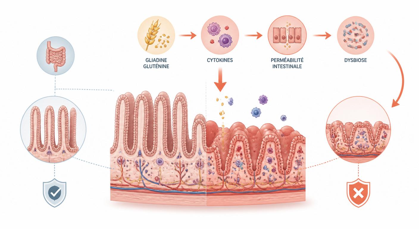 Schéma vulgarisé montrant l'effet du gluten sur la muqueuse intestinale en cas d'intolérance
