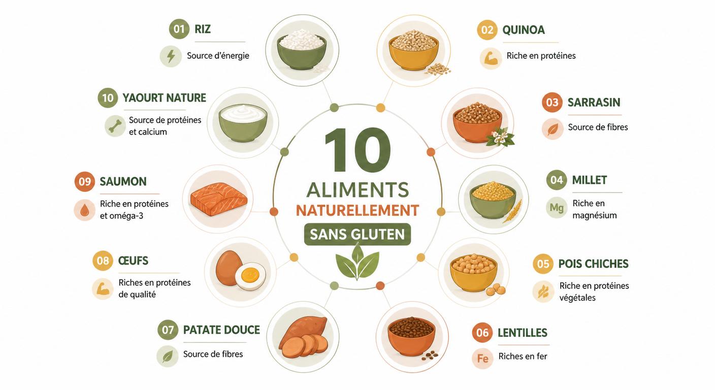 Infographie des 10 aliments naturellement sans gluten avec atouts nutritionnels