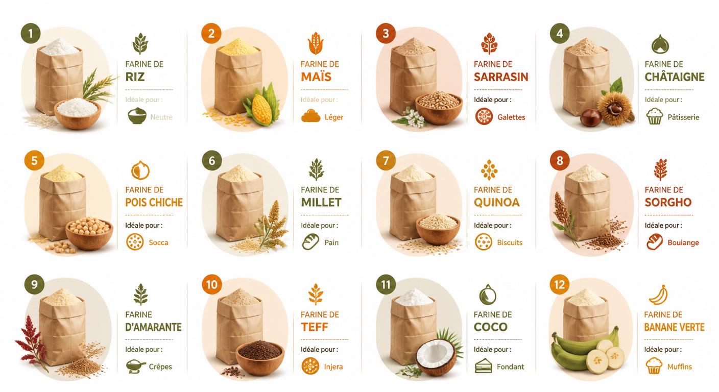 Infographie comparant 12 farines sans gluten et leurs usages culinaires