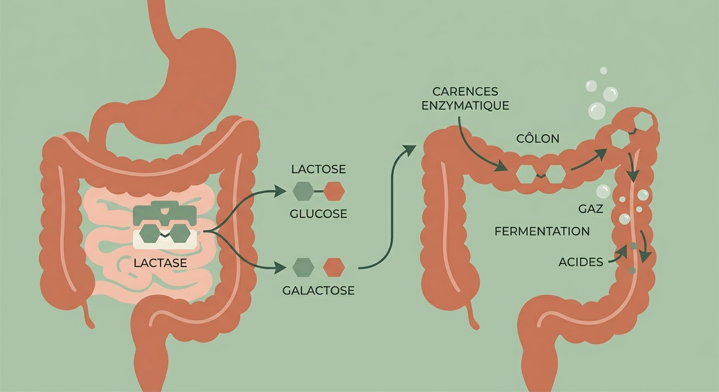 Infographie expliquant la digestion du lactose et le rôle de la lactase