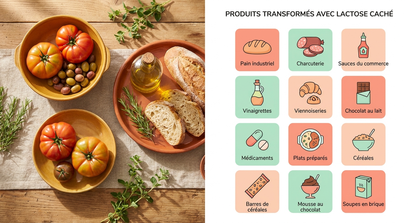 Infographie illustrant les 12 sources de lactose caché dans les produits transformés