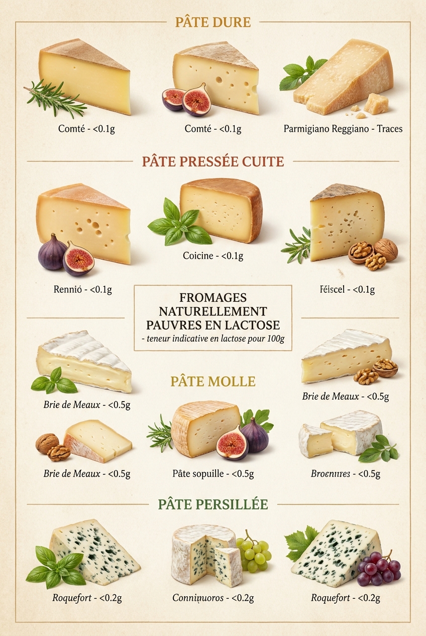 Infographie classant 14 fromages naturellement pauvres en lactose par famille