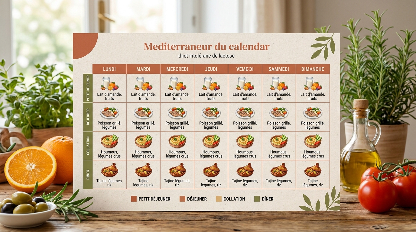 Infographie présentant un plan repas 7 jours équilibré sans lactose