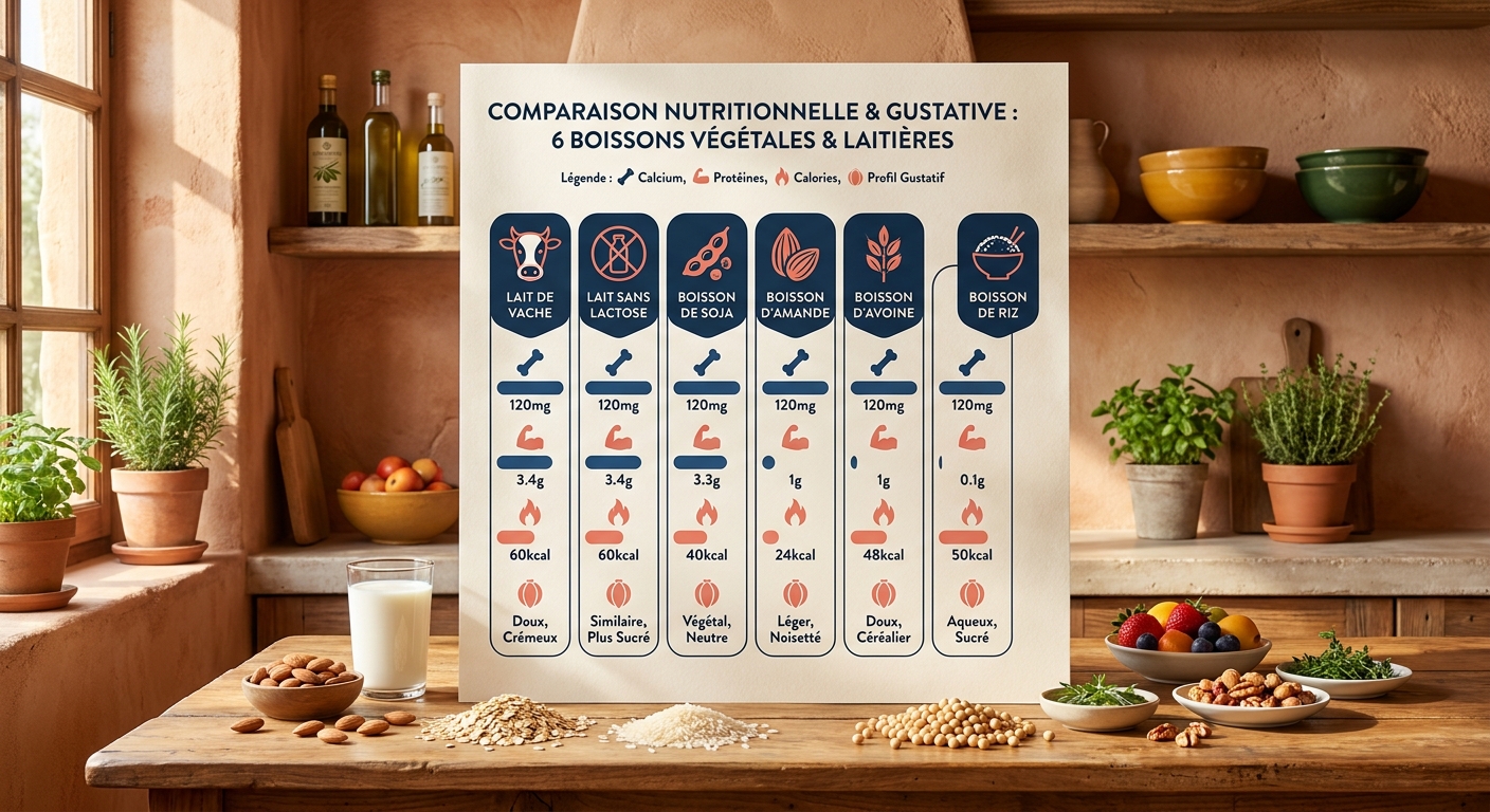 Infographie comparant les alternatives au lait de vache pour intolérants au lactose