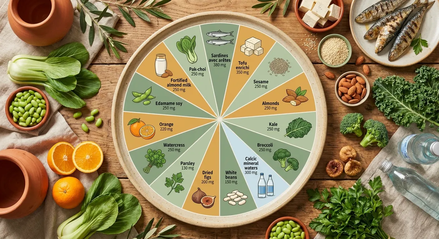 Infographie listant 15 aliments riches en calcium hors produits laitiers