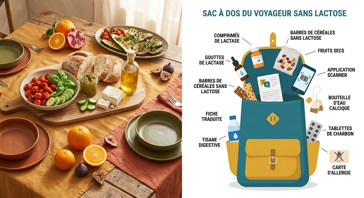 Infographie kit de survie pour gérer l'intolérance au lactose en voyage et au restaurant