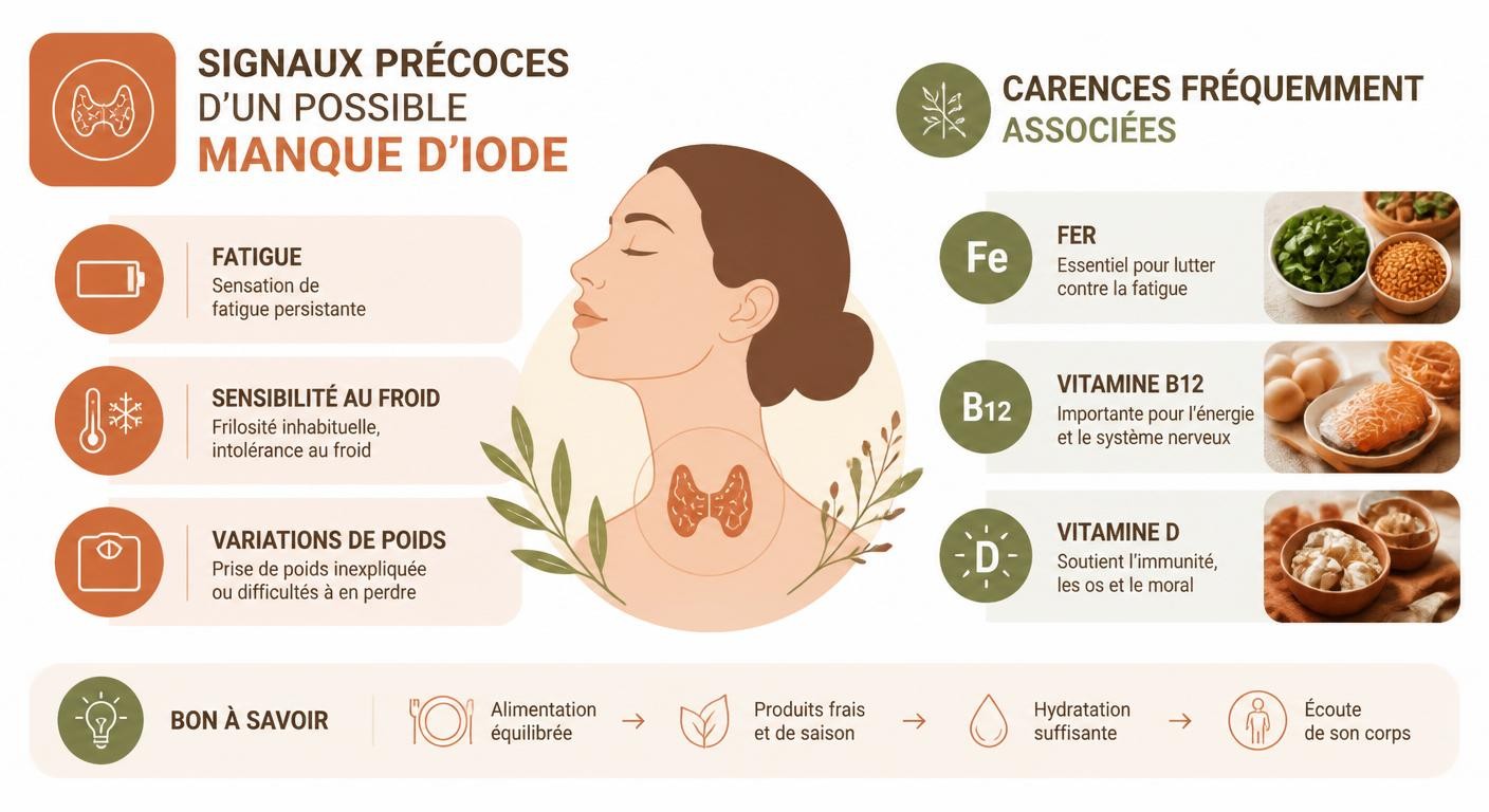 Infographie des signaux d'un manque d'iode et carences associées