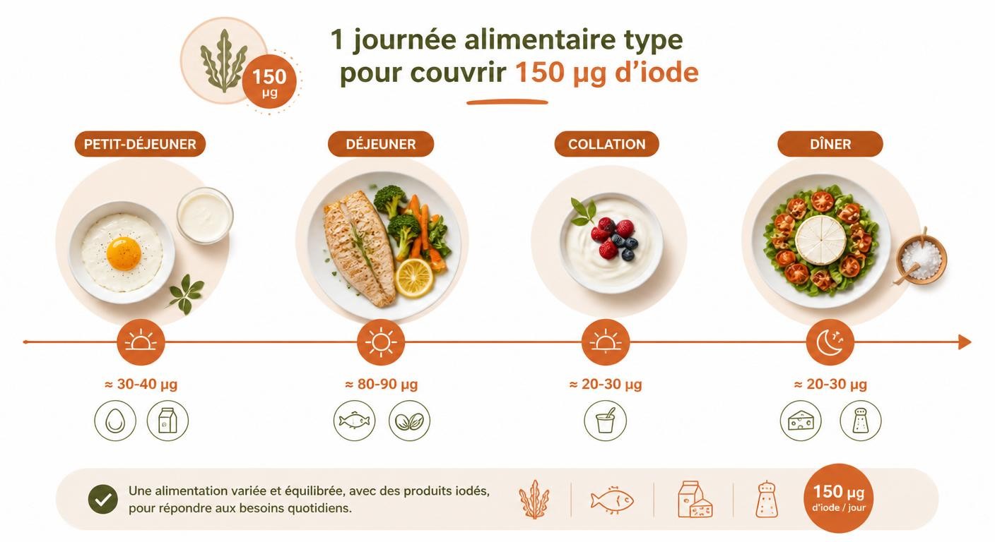 Infographie d'une journée type pour couvrir ses besoins quotidiens en iode