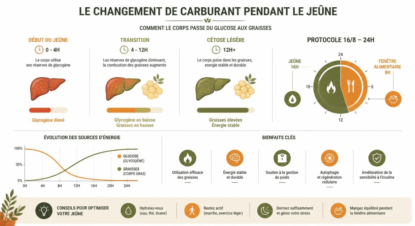 Infographie de la bascule énergétique du corps pendant le jeûne intermittent