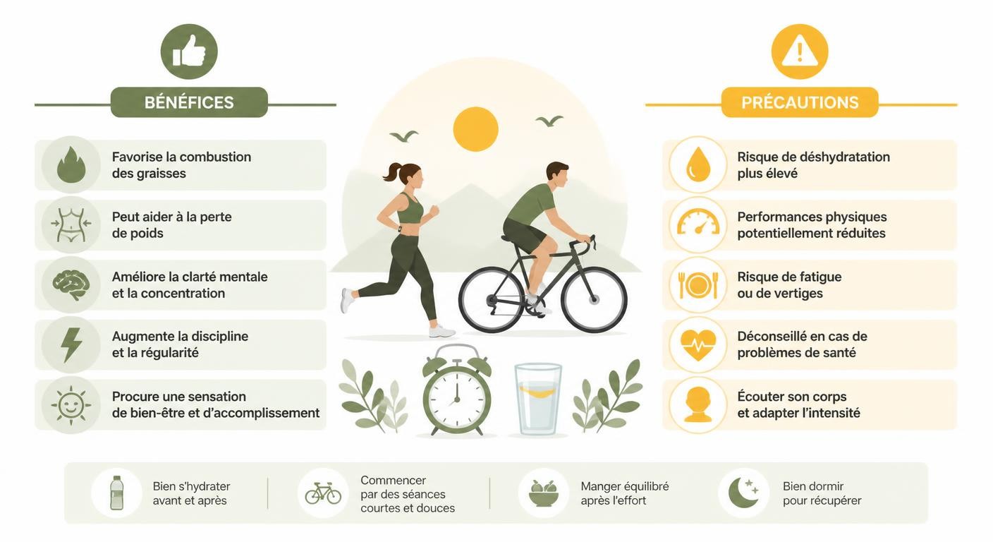 Infographie des bénéfices et précautions du sport à jeun le matin