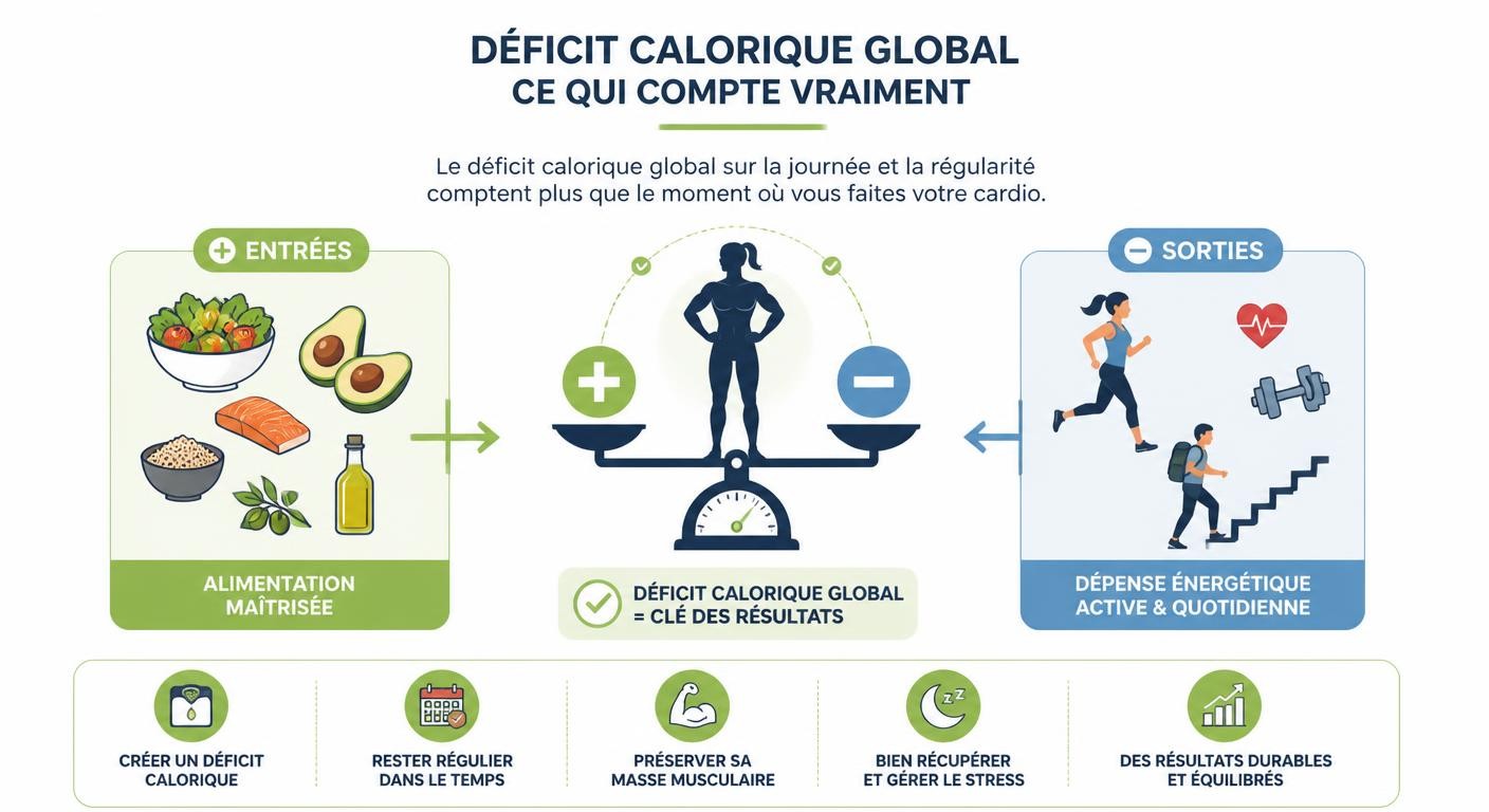 Infographie sur le cardio à jeun, la perte de gras et le déficit calorique