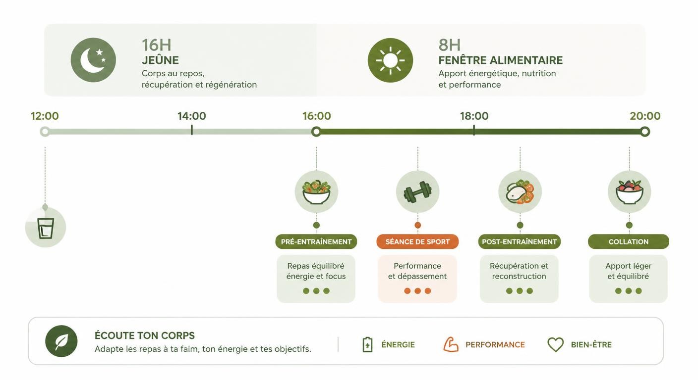 Infographie de l'organisation des repas autour de l'entraînement en jeûne intermittent 16/8