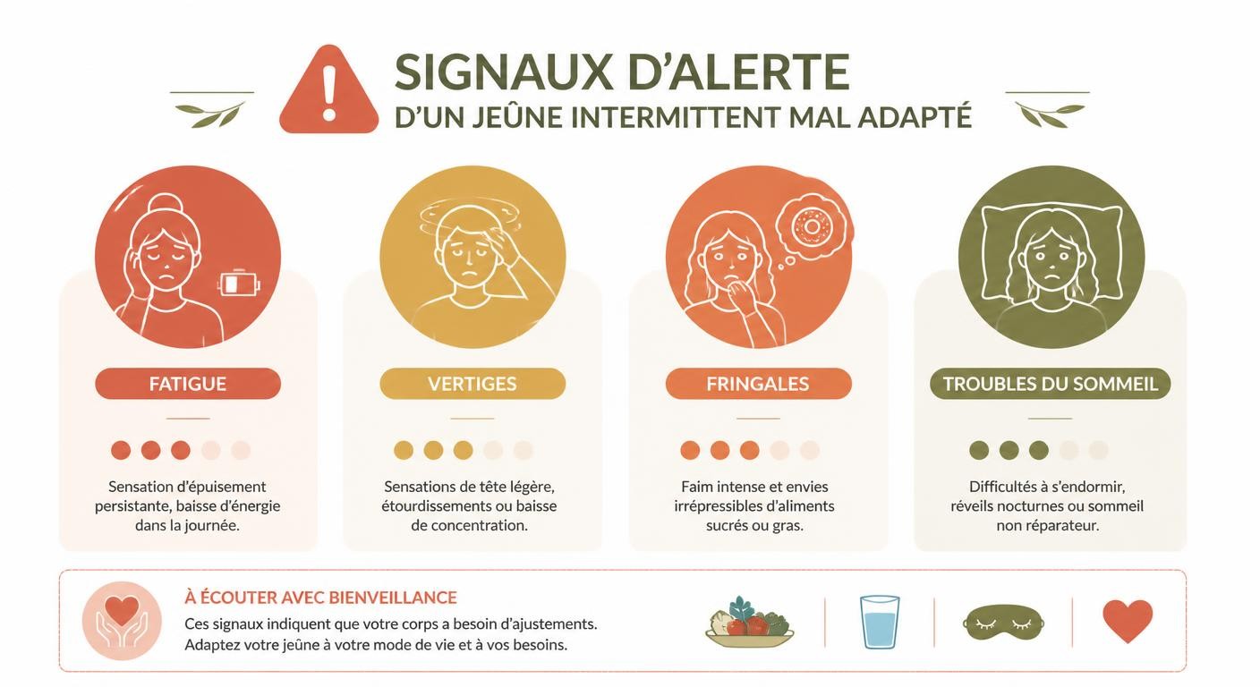 Infographie des signaux d'alerte d'un jeûne intermittent mal adapté chez le sportif