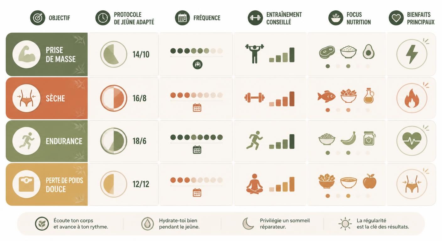 Infographie associant chaque objectif sportif au protocole de jeûne intermittent adapté