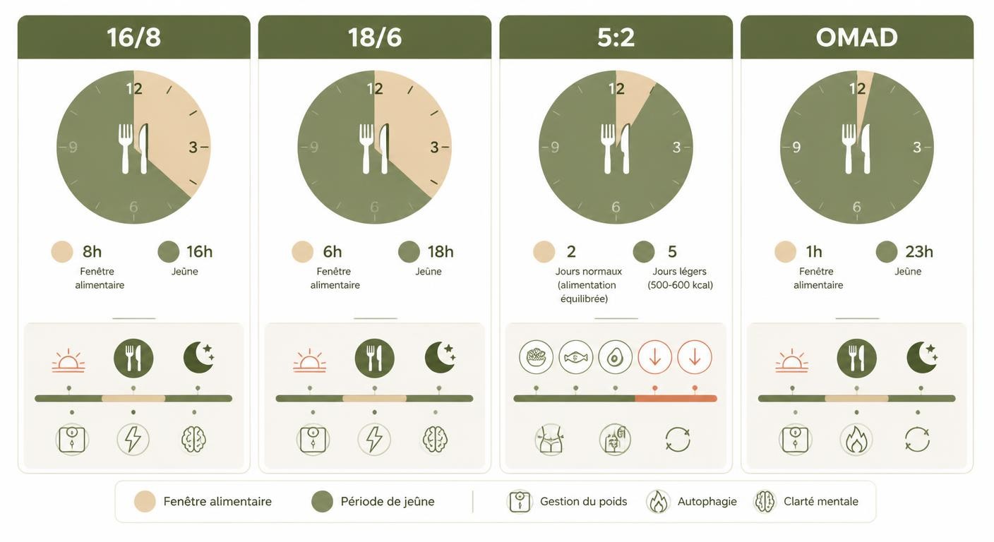 Infographie comparant les protocoles de jeûne intermittent 16/8, 18/6, 5:2 et OMAD