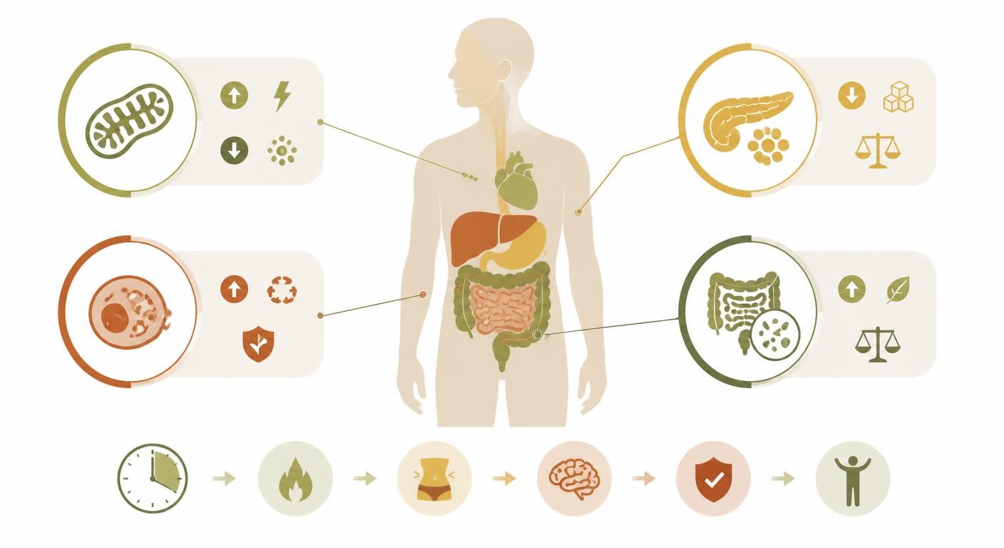 Infographie des effets du jeûne intermittent sur le métabolisme, l'insuline, l'autophagie et l'intestin