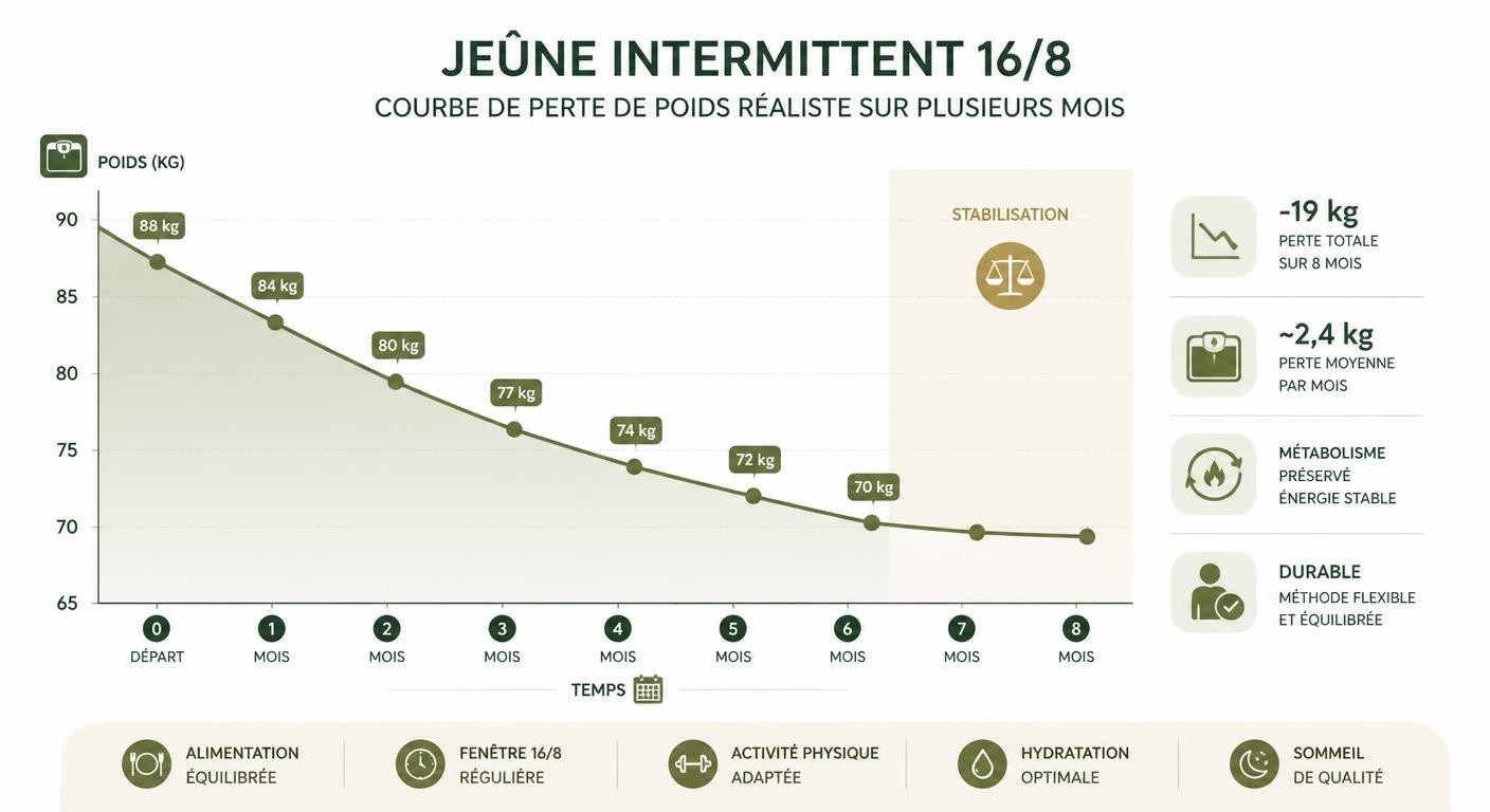 Infographie de la perte de poids réaliste et de la stabilisation avec le jeûne intermittent 16/8