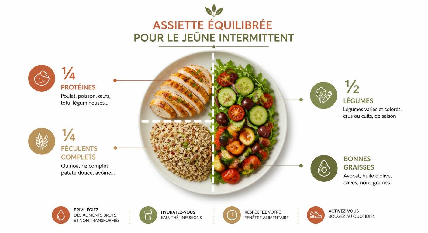 Infographie d'une assiette équilibrée pour tenir le jeûne intermittent sans carence