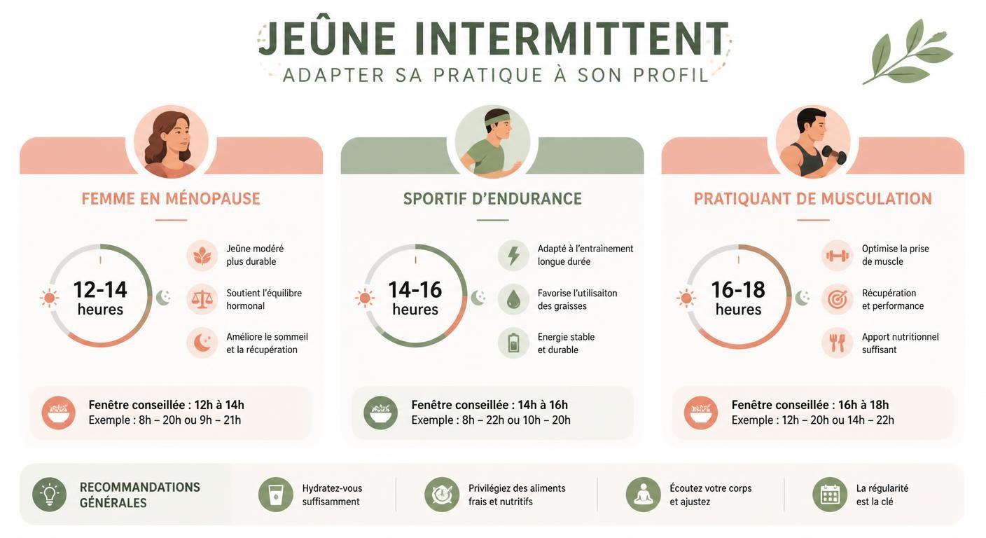 Infographie de l'adaptation du jeûne intermittent selon les profils femme, endurance et musculation