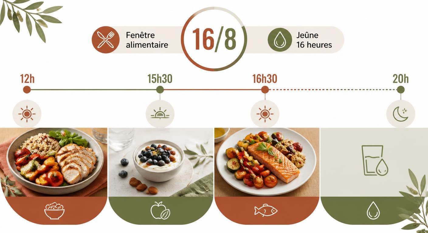 Infographie d'une journée type de jeûne intermittent 16/8 avec fenêtre de 12h à 20h