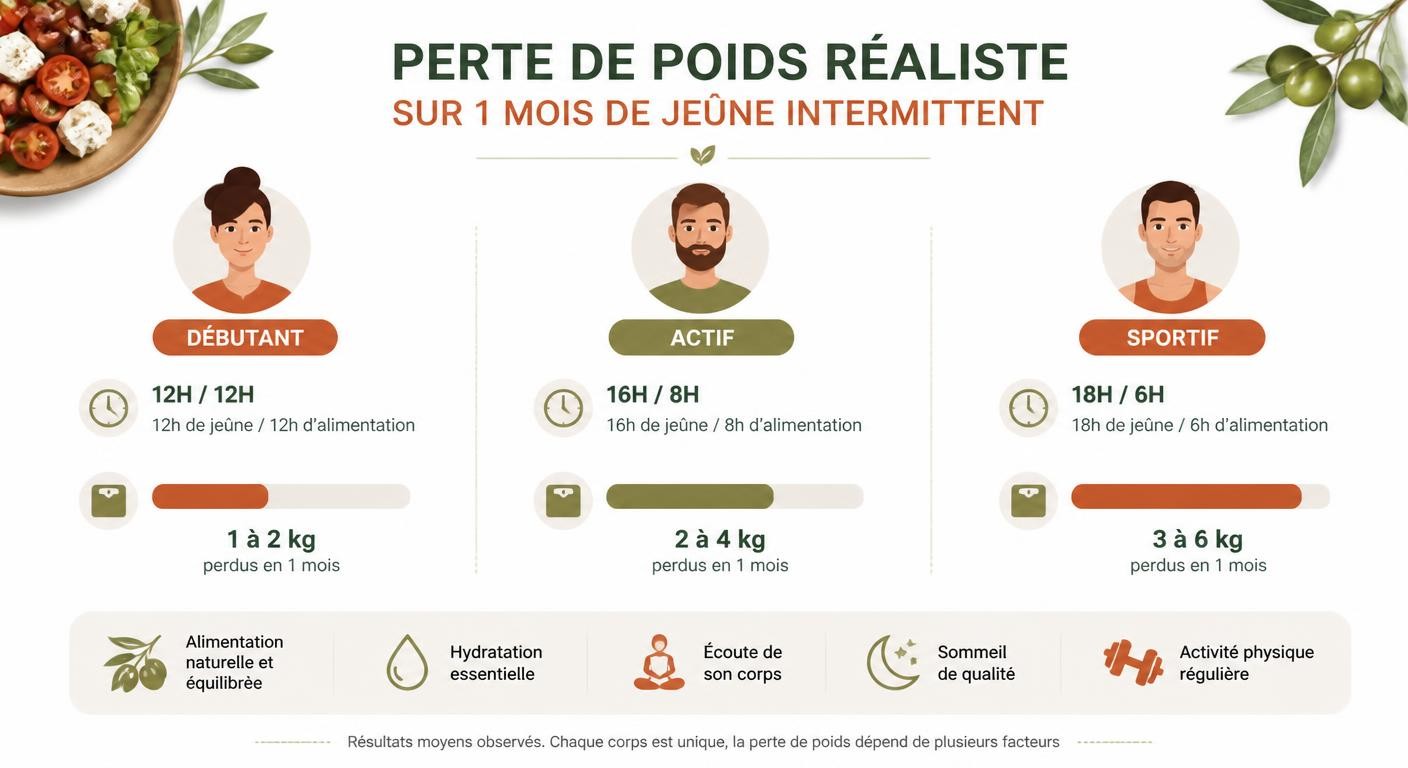 Perte de poids réaliste selon le profil sur un mois de jeûne intermittent