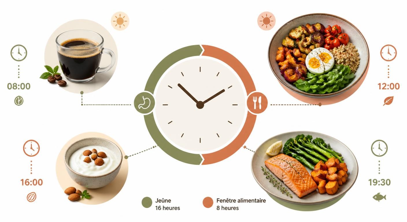 Exemple illustré d'une journée type gourmande en jeûne intermittent 16/8 avec horaires de repas