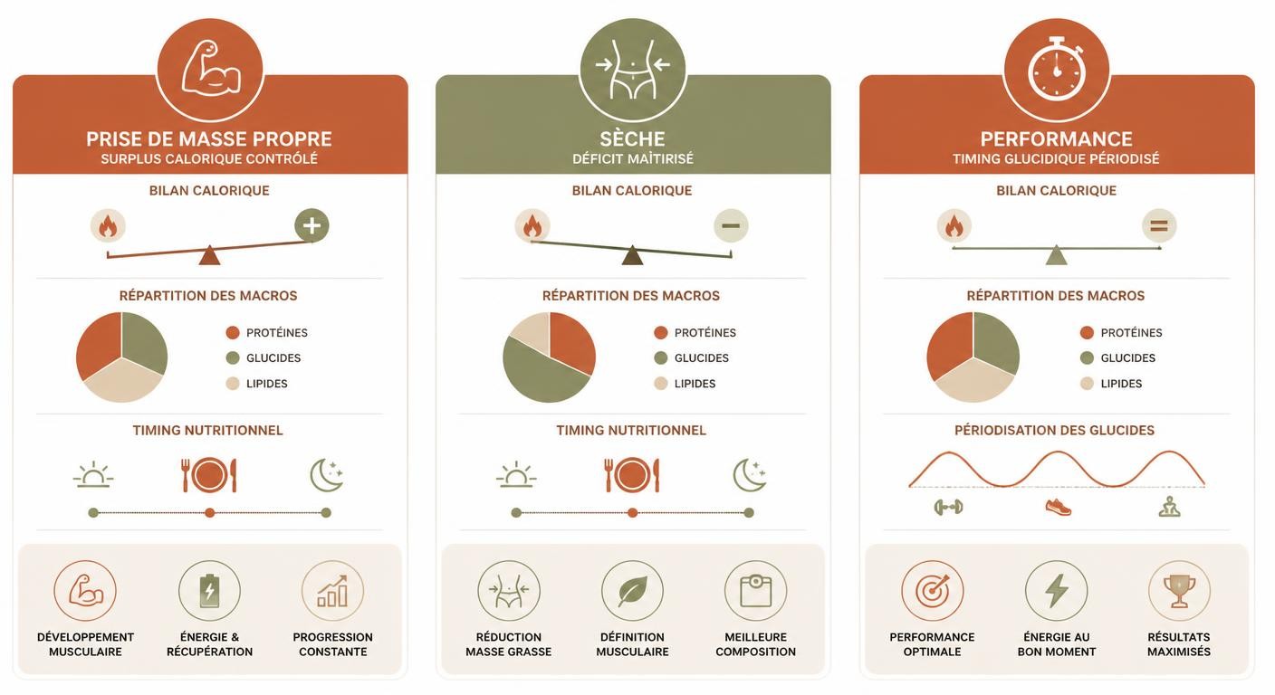 Infographie comparant prise de masse, sèche et performance