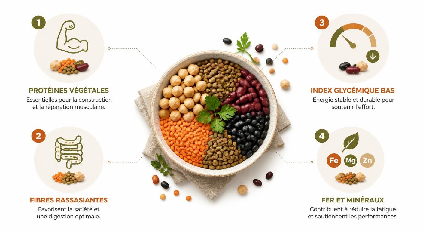 Infographie des quatre atouts nutritionnels des légumineuses pour le sportif