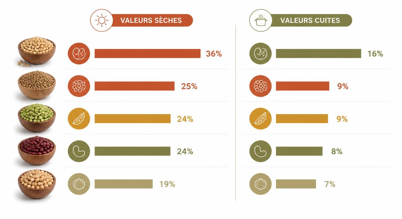 Classement des légumineuses les plus riches en protéines, valeurs sèches et cuites