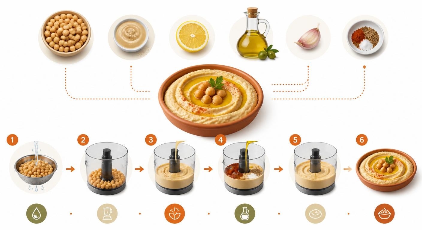 Infographie des étapes du houmous méditerranéen maison